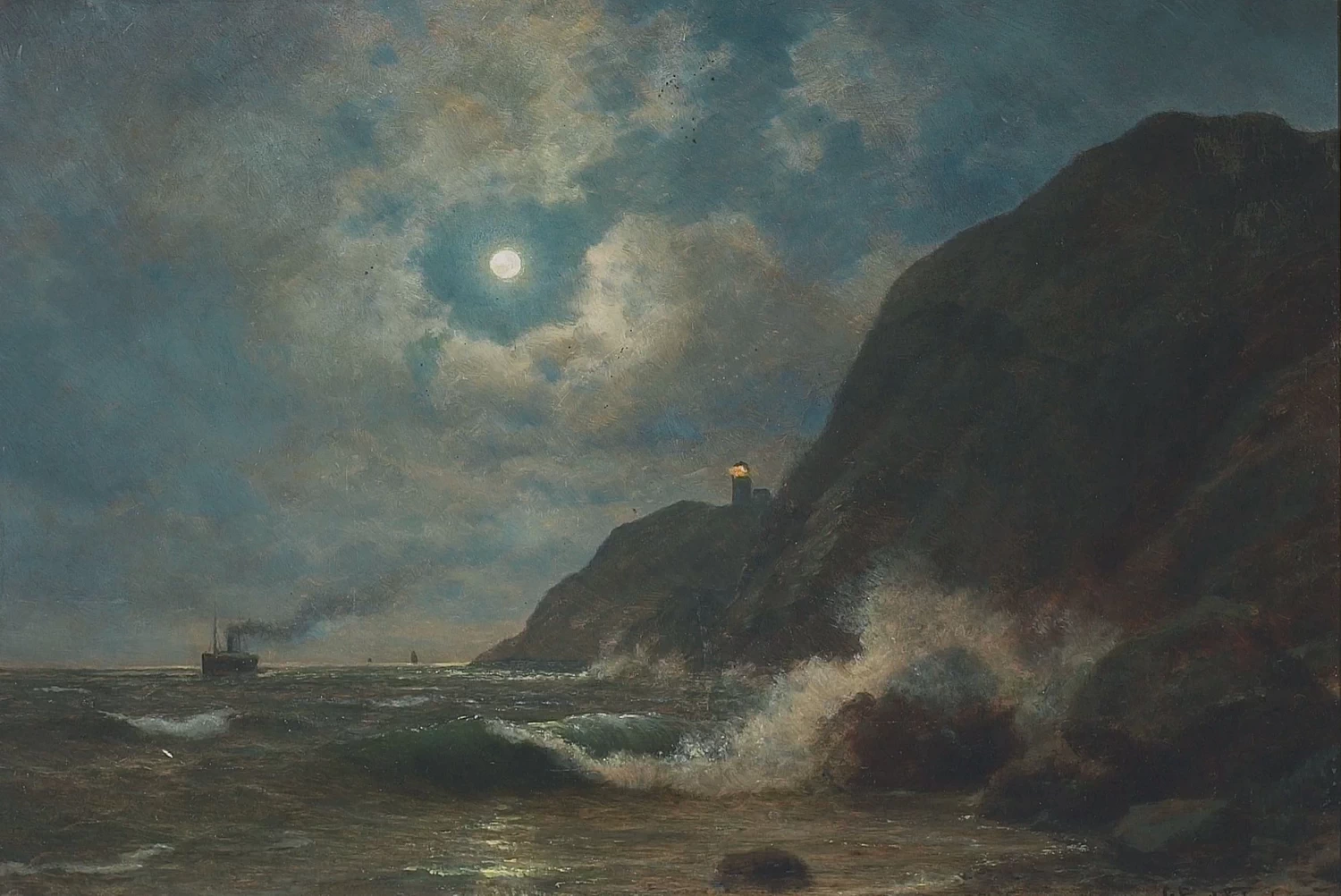 Vista al chiaro di luna di una costa rocciosa